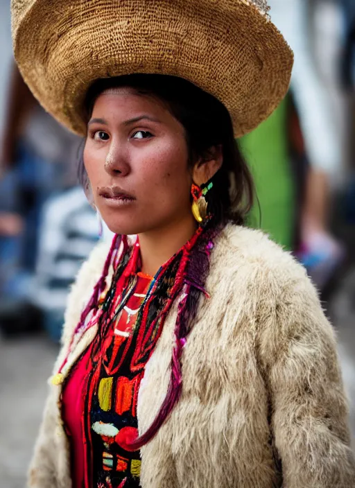 Image similar to Mid-shot portrait of a beautiful, breathtaking 25-year-old woman from Peru, wearing a traditional outfit, candid street portrait in the style of Martin Schoeller award winning, Sony a7R