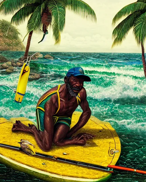 Prompt: Fisherman, Jamaican Male Fisherman, casting fishing rod into the sea, Illustration, Third-Person View, Depth of Field, Colorful with Yellow Green Black Red, calico cloth, insanely detailed and intricate, hypermaximalist, jamaican vibe, hyper realistic, super detailed, by Charlie Bowater, by Karol Bak