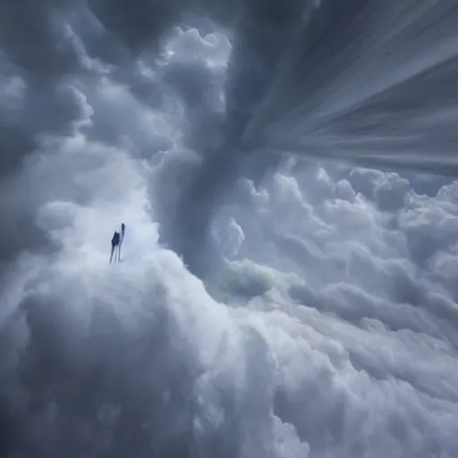 Image similar to hyperrealistic white staircase ascending through the clouds, aerial view surrounded by clouds, hyperrealistic dramatic colored lighting trending on artstation 8 k