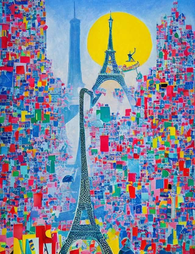 Prompt: a cubistic painting of a dancing ice sculpture eiffel tower in paris with melting ice cream of the paris skyline on a very sunny bright summer day, very hot and the ice is melting fast and people are swimming in the icecream in the style of james jean and fernando botero