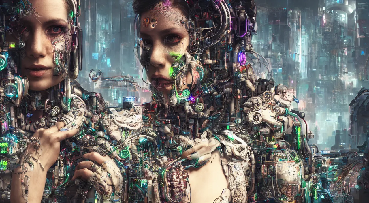 Image similar to portrait of a biophilic cyborg with psychedelic eyes, in background cyberpunk landscape, ultra realistic, concept art, intricate details, highly detailed, photorealistic, octane render, 8 k