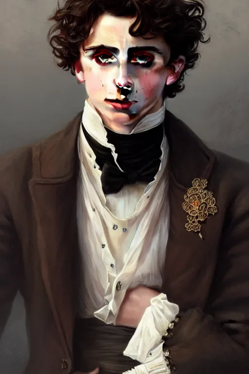 Image similar to Timothée Chalamet dressed in male Victorian fashion, D&D, fantasy, intricate, elegant, highly detailed, digital painting, artstation, concept art, matte, sharp focus, illustration, art by Artgerm and Greg Rutkowski and Alphonse Mucha