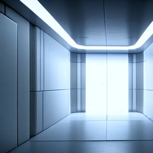 Image similar to a white room twelve by ten by eight, proportionally perfect, geometrically perfect, clean and empty, sci fi spaceship futuristic paneling unreal engine, general studio lighting, 8 k,