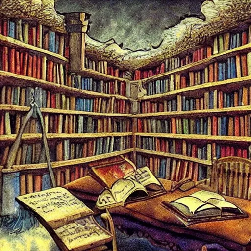 Prompt: A wizard's library