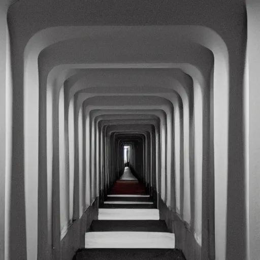 Prompt: noisy color photograph of a liminal space in the style of MC Escher, hallways, minimalist, oddly familiar, cinematic, dramatic lighting, soft vintage glow