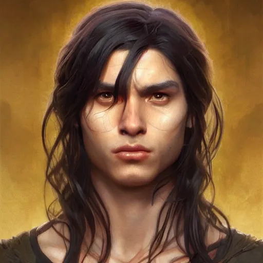 Image similar to beautiful, strong, mixed race, long hair, male, face, head shot, fantasy, highly detailed, digital painting, artstation, concept art, smooth, sharp focus, illustration, art by artgerm and greg rutkowski and alphonse mucha