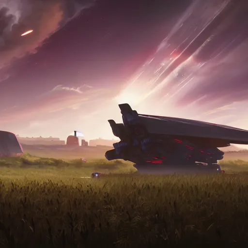 Image similar to A giant starship landing in a cornfield with a dramatic cinematic sky, Battletech, evangelion by Greg Rutkowski, sharp lighting, 4k, detailed