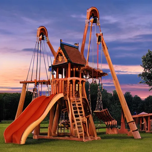 Image similar to enormous, never-ending wooden structure with slides, swings, and many-storied equipment at dusk by Thomas Kincade