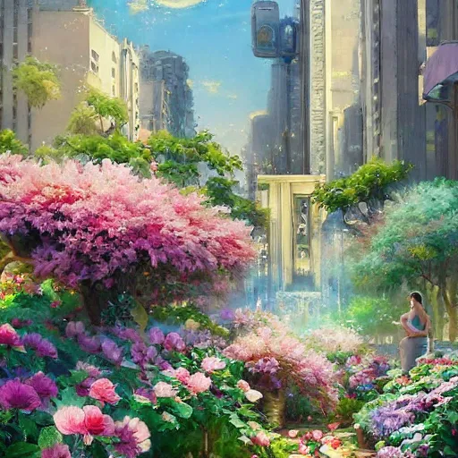 Image similar to a painting of an art - deco cityscape surrounded by flowers, a watercolor and matte painting by mark keathley and mandy jurgens and charlie bowater, cgsociety, artdeco, utopia art, sci - fi, artstation hq
