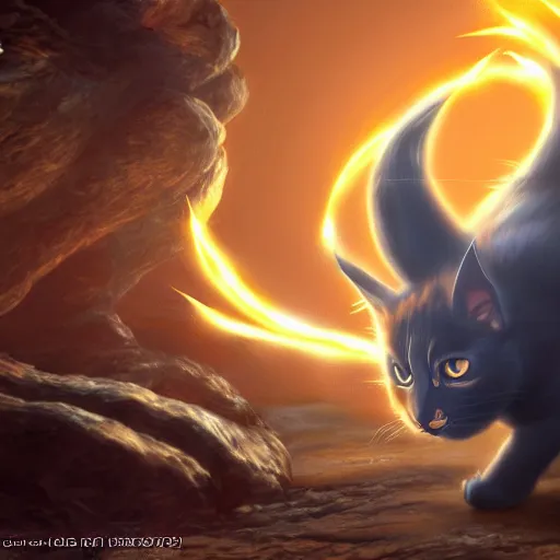 Image similar to cat - goku hybrid genkidama charging, golden hour, fantasy, sharp focus, digital art, hyper realistic, 4 k, unreal engine, highly detailed, hd, dramatic lighting by brom, trending on artstation, new cats movie