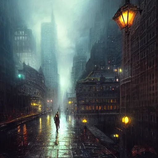 Image similar to nighttime in gotham city, wet pavement, rooftop view, light mist, fantasy, intricate, elegant, digital painting, trending on artstation, concept art, soft focus, illustration by greg rutkowski, Gaston Bussiere and artgerm, 4k.