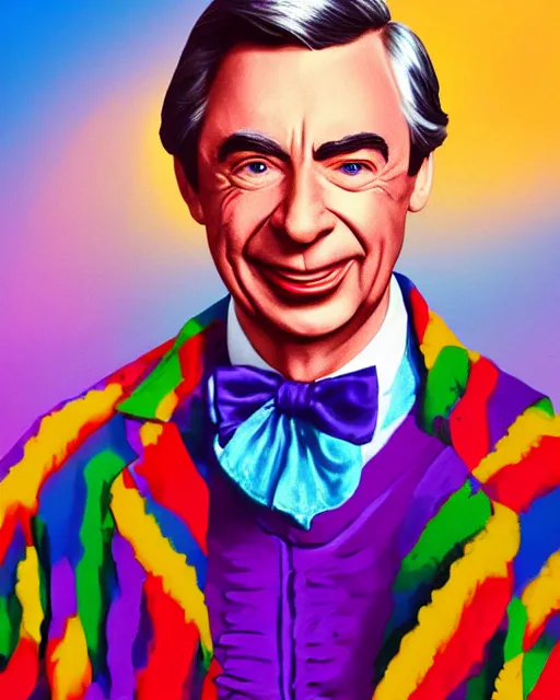 Image similar to Fred Rogers as Willy Wonka, digital illustration portrait design, detailed, gorgeous lighting, dynamic portrait