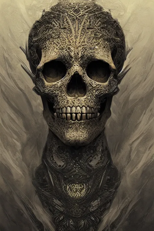 Image similar to concept art skull, the skull is decorated with art deco patterns, close - up portrait, powerfull, intricate, elegant, volumetric lighting, scenery, digital painting, highly detailed, artstation, sharp focus, illustration, concept art, ruan jia, steve mccurry