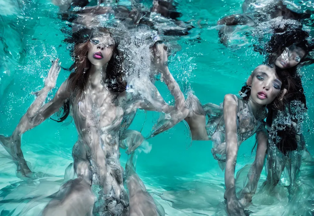 Prompt: fashion editorial underwater. wide angle shot. highly detailed. depth of field. high definition. 8k. photography.