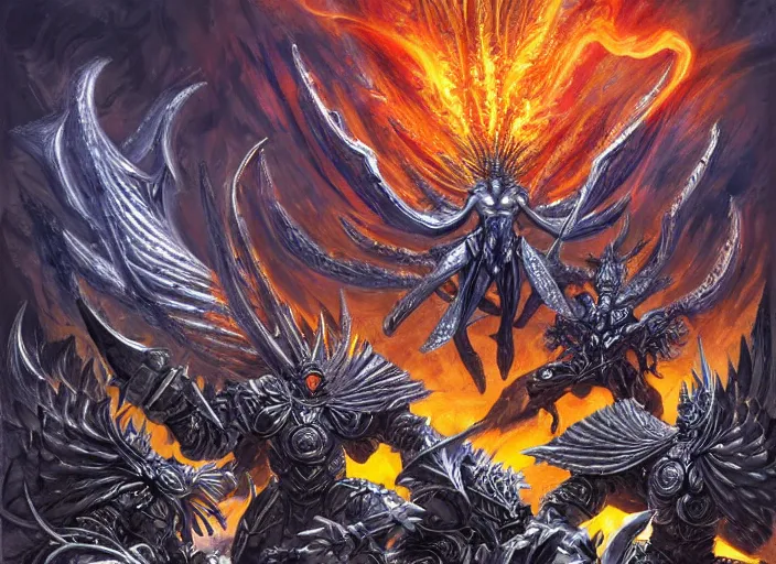 Image similar to dynamic futuristic bibilical depiction battle scene of aggressive winged silver warriors with fire crowns against final boss, d & d, muscular! crossfit, fitness, tight wrinkled cloath, vivid color scheme, atmospheric perspective, fantasy, intricate, elegant, highly detailed, digital painting, smooth, sharp focus, art by ed emshwiller and jesper ejsing