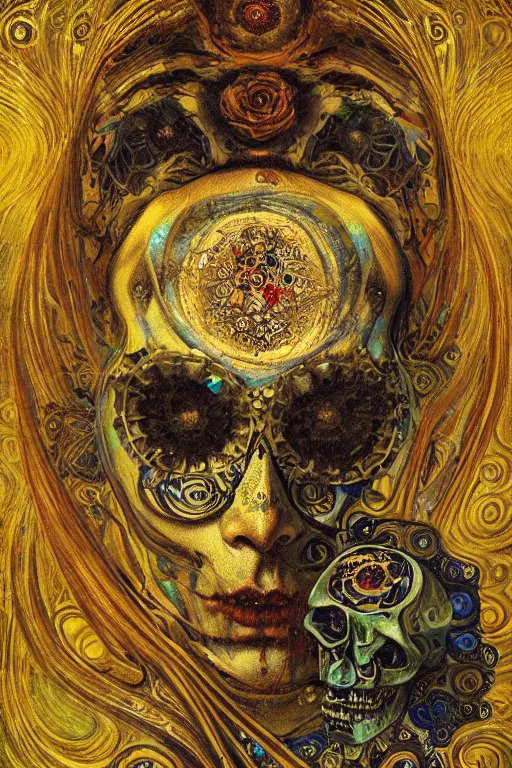Prompt: Memento Mori by Karol Bak, Jean Deville, Gustav Klimt, and Vincent Van Gogh, beautiful visionary mystical portrait, calavera, otherworldly, fractal structures, ornate gilded medieval icon, third eye, spirals, jeweled calavera