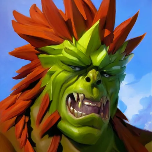 Image similar to greg manchess portrait painting of partially armored blanka from street fighter as overwatch character, medium shot, asymmetrical, profile picture, organic painting, sunny day, matte painting, bold shapes, hard edges, street art, trending on artstation, by huang guangjian and gil elvgren and gerald brom