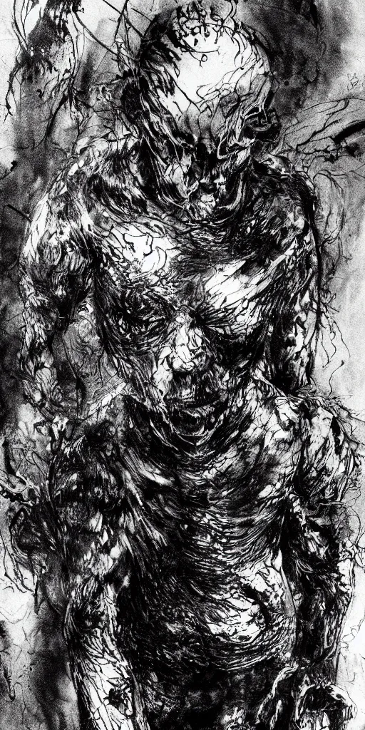 Image similar to concept art of a man with his body covered in burns, with black smoke coming out of his hands, full body, dark colors, sinister atmosphere, dramatic lighting, cinematic, establishing shot, extremely high detail, photo realistic, cinematic lighting, pen and ink, intricate line drawings, by Yoshitaka Amano, Ruan Jia, Kentaro Miura, Artgerm, post processed, concept art, artstation, matte painting, style by eddie mendoza, raphael lacoste, alex ross,