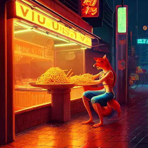 Image similar to splash art of anthropomorphic female vulpes vulpes fulva woman sitting at a noodle stand eating noodles in the crowded street of a cyberpunk city, rain, harsh neon lights, atmospheric : by weta, greg rutkowski, wlop, ilya kuvshinov, rossdraws, artgerm, octane render, liosh, mucha