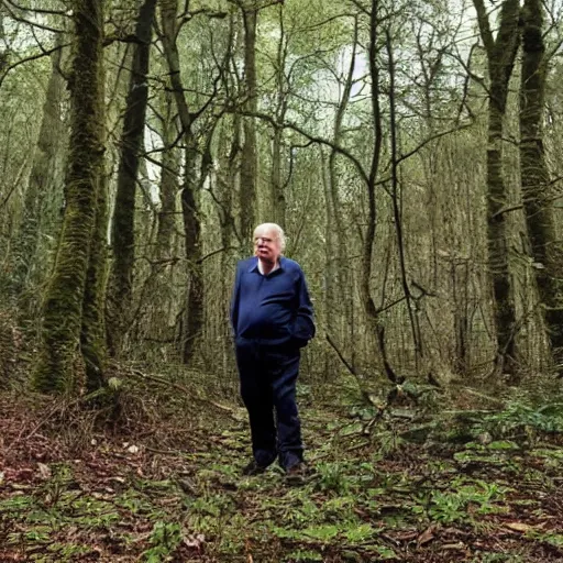 Prompt: Sir David Attenborough in the woods with a Grey Alien Martian