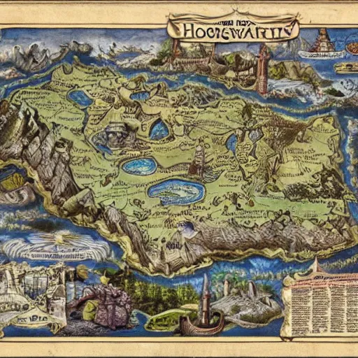 Image similar to detailed map of howarts, fantasy map, cartography, detailed, intricate,