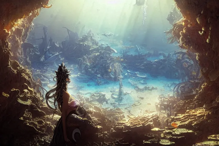 Prompt: a beautiful painting of the sunken city of Atlantic city under water, ray of sunlight, mermaid in distance, Greg Rutkowski, Moebius, Mohrbacher