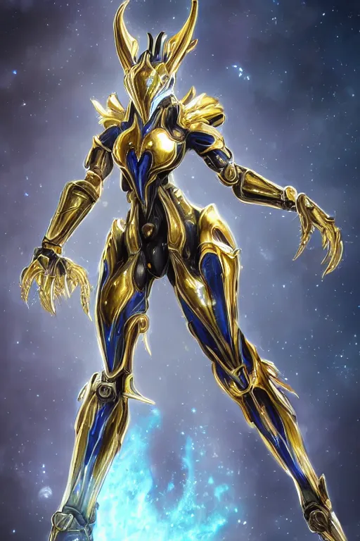 Image similar to intricate high detailed elegant beautiful stunning quality galactic giantess hot female warframe anthro mecha female dragon goddess, gold body, sleek metal ears, sleek eyes, smooth blue skin, sleek gold armor, bigger than galaxy, epic proportions, epic scale, epic size, warframe destiny, furry, dragon art, goddess, giantess, furaffinity, octane