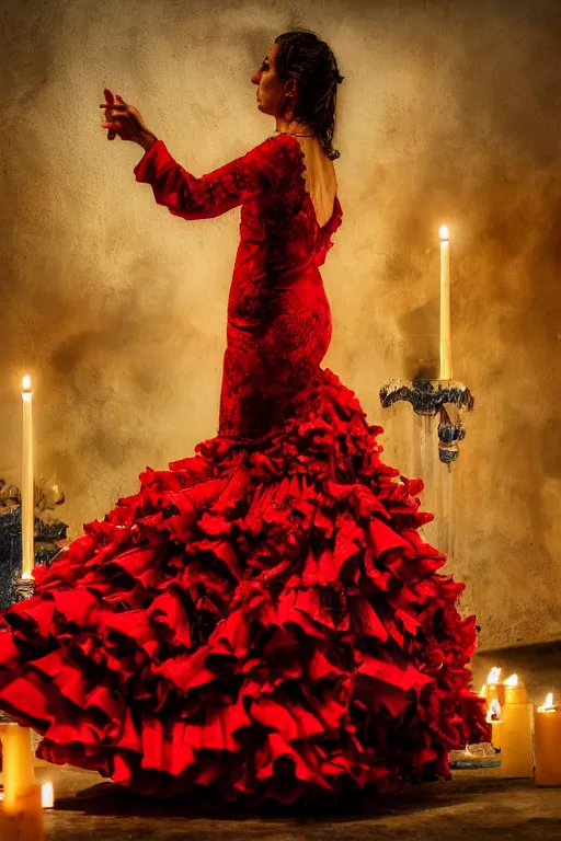 Image similar to detailedoil painting of spanish flamenco dancer in mallorca wearing a red dress made of flowers, dimly lit by candles on the ground, looking away, dark shadows, photo realistic, extreme detail skin, no filter, slr, 4 k, high definition