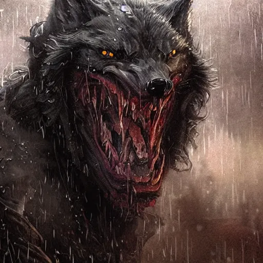 Prompt: a werewolf, scarred, wet, raining, close up, rim lighting, portrait, sinister atmospheric lighting. highly detailed painting by greg rutkowski, anime style