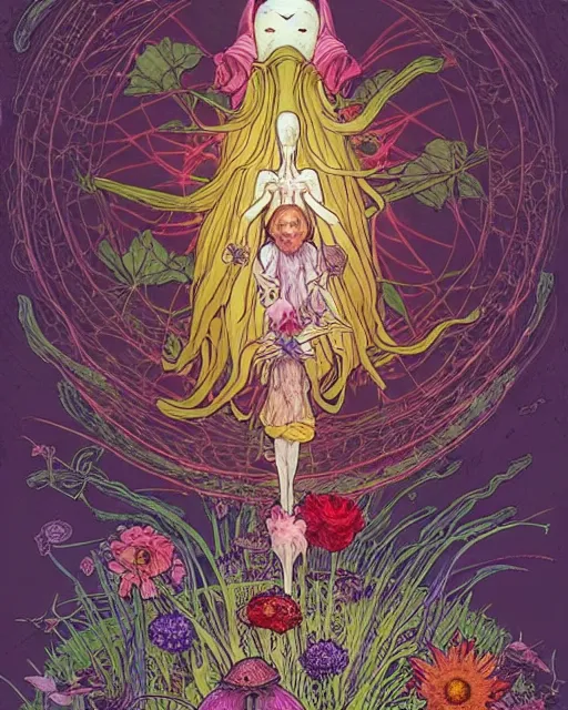 Image similar to the platonic ideal of flowers, sprouting, insects and praying of cletus kasady carnage davinci dementor chtulu mandala ponyo alice in wonderland dinotopia watership down, d & d, fantasy, ego death, lush, dmt, psilocybin, concept art by greg rutkowski and simon stalenhag and alphonse mucha