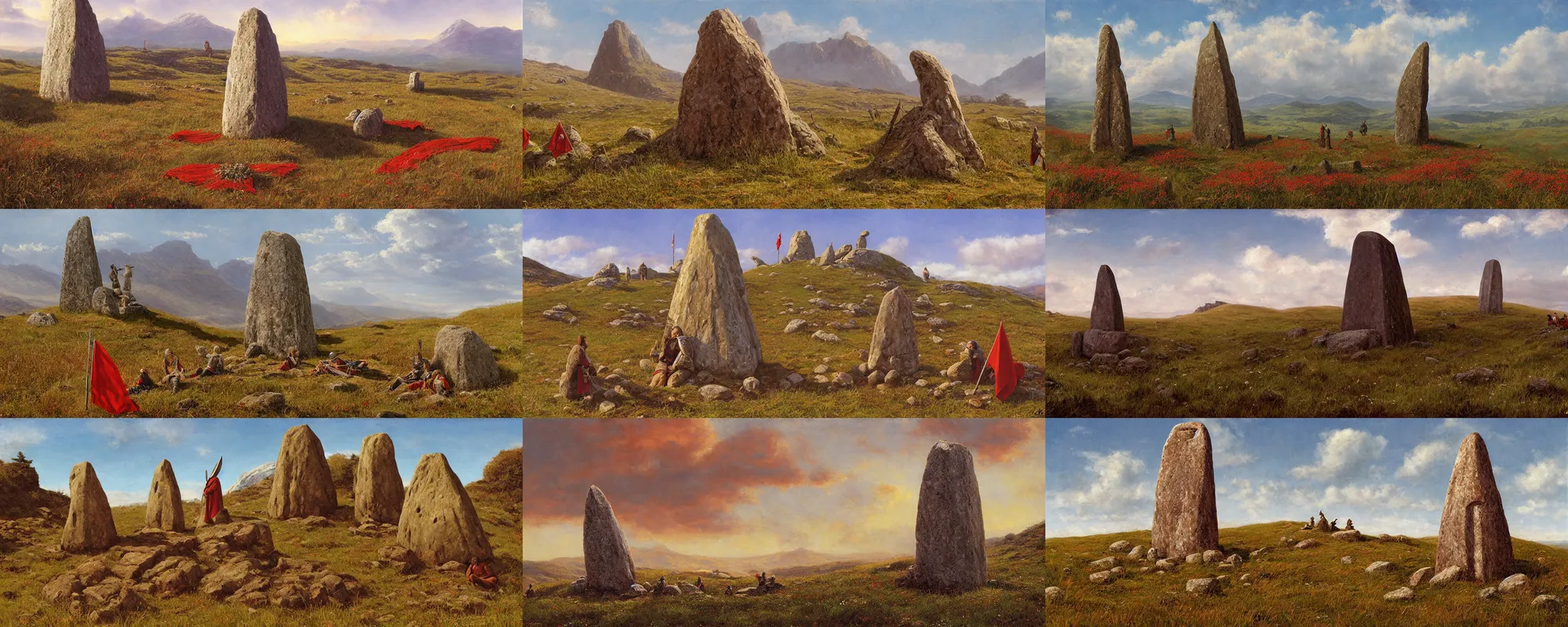 Prompt: meadow mountain landscape with a menhir in the foreground, medieval warriors wearing plate armor resting on the top of a menhir, red flag with a dot, by ted nasmith