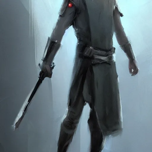 Image similar to a young blonde male jedi with short hair looking away at a threat full body shot concept art by Doug Chiang cinematic concept art, realistic painting, high definition, digital art, matte painting, symmetrical, very detailed, realistic, dramatic lighting, cinematic, establishing shot, extremely high detail, photo realistic, cinematic lighting, post processed, concept art, artstation, matte painting, red color scheme