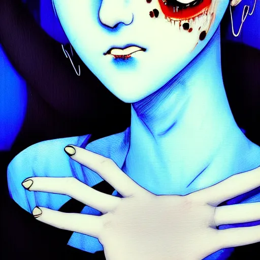 Prompt: blue and white color palette, yoshitaka amano blurred and dreamy realistic three quarter angle horror portrait of a sinister young woman with short hair, big earrings and red eyes wearing office suit with tie, junji ito abstract patterns in the background, satoshi kon anime, noisy film grain effect, highly detailed, renaissance oil painting, weird portrait angle, blurred lost edges