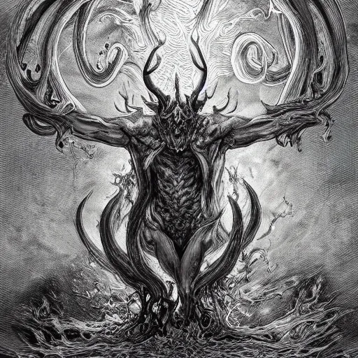 Prompt: full body grayscale drawing by Gustave Dore and Anato Finnstark of horned humanoid demon, engulfed in swirling flames