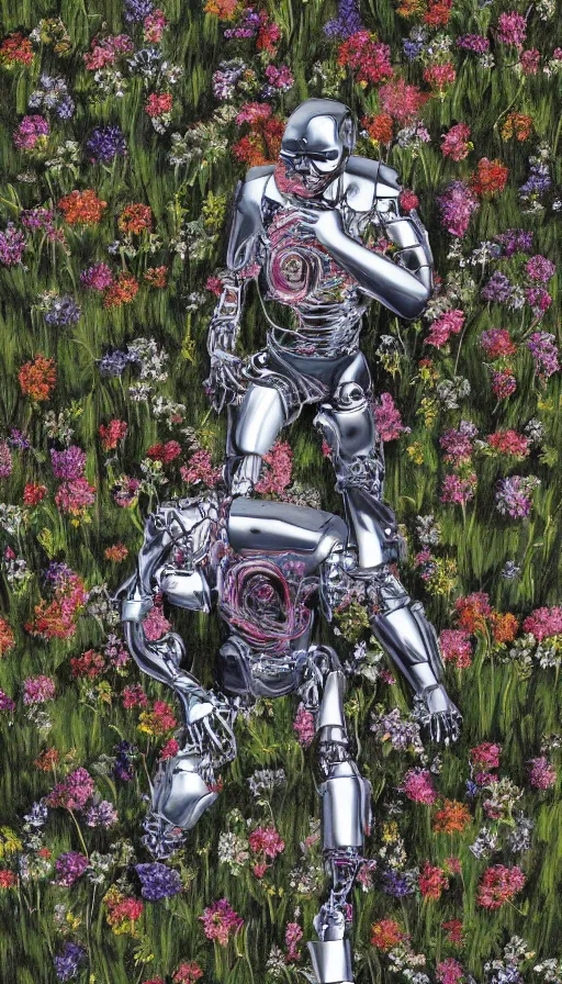 Image similar to photo of destroyed realistic terminator lying in a field of flowers, twisted, chrome, reflections, anthropomorphic, photorealism, smoke, 8 k, wires, smooth, sharp focus, top view, extremely detailed, hyperrealism, elegant, establishing shot, by jeff koons, artgerm and greg rutkowski