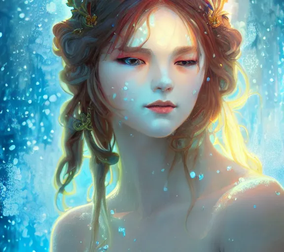 Image similar to beautiful ancient! frost witch, fire in eye, snow glow, pool party, highly detailed, digital painting, artstation, sharp focus, illustration, art by tan zi and ayanamikodon and alphonse mucha and wlop