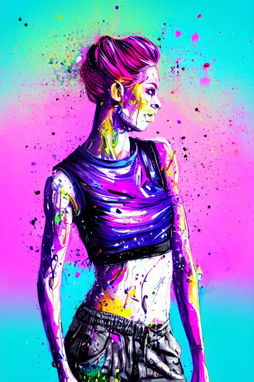 Image similar to a award winning half body portrait of a beautiful woman in a croptop and cargo pants with ombre purple pink teal hairstyle and hands in pockets by ari liloan, surrounded by whirling illuminated lines, paint splashes and splatter, outrun, vaporware, shaded flat illustration, digital art, trending on artstation, highly detailed, fine detail, intricate