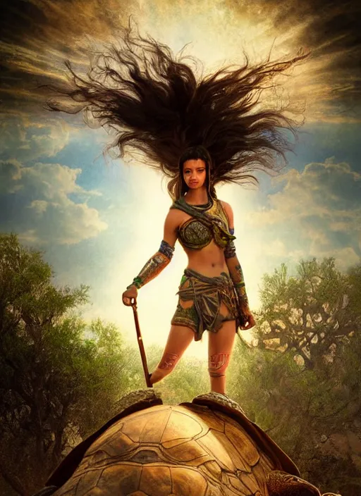 Image similar to a little warrior girl standing on top of one giant turtle in the desert. the girl has dark skin and beautiful green eyes, realistic full body and a very beautiful detailed symmetrical face with long black hair. diffuse light, dramatic sky and landscape, extreme long shot fantasy illustration by mucha