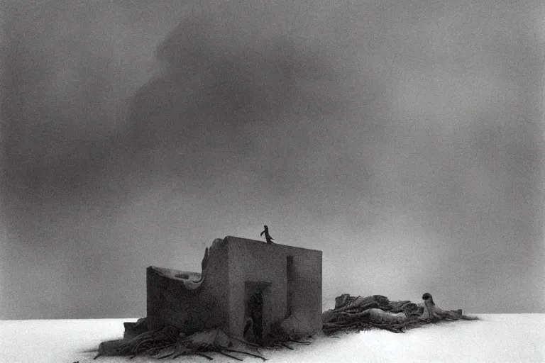 Image similar to a surrealist painting of a lonely woman with pale skin and red hair, standing over pile of bodies in post apocalyptic snowy landscape, golden ratio, painted by zdzisław beksinski