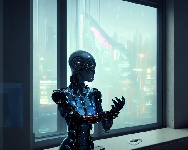 Image similar to portrait of an armored female with biomechanical cybernetic body who is drinking coffee near a window looking outside with dystopian city visible outside. very detailed 8 k. cyberpunk fantasy style. unreal engine render. global illumination. nanite. rtx. path tracing.