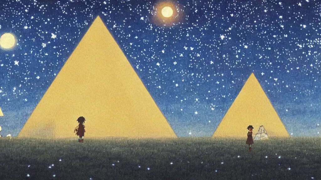 Prompt: a movie still from a studio ghibli film showing a large white pyramid and a golden ufo on a misty and starry night. by studio ghibli