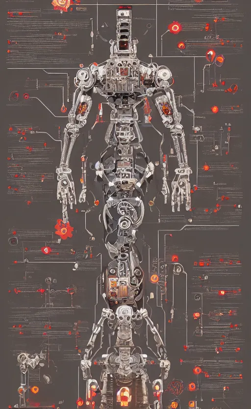 Image similar to anatomy of the terminator, robot, cyborg, t100, bloodborne diagrams, mystical, intricate ornamental tower floral flourishes, rule of thirds, technology meets fantasy, map, infographic, concept art, art station, style of wes anderson