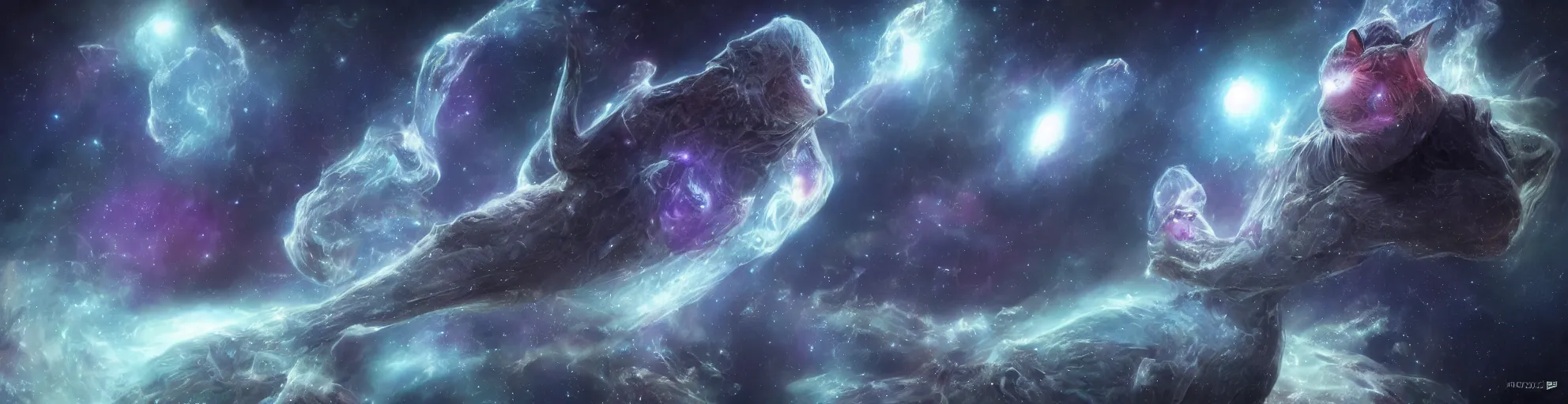 Image similar to energy cats in space, nebula in background, by lovecraft, details face, detailed body, realistic body proportions, unreal engine, by popular digital artist, digital, artstation, detailed body, heavenly atmosphere, digital art, overdetailed art, trending on artstation, cgstudio, the most beautiful image ever created, dramatic, award winning artwork, beautiful scenery