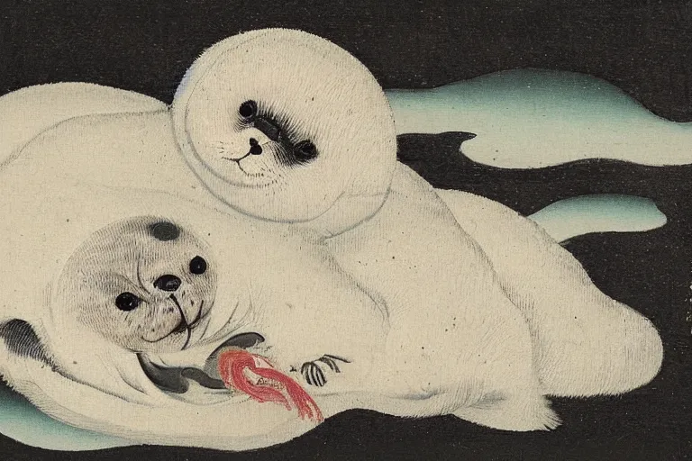 Image similar to demonic baby harp seal, Japanese painting, 1700s