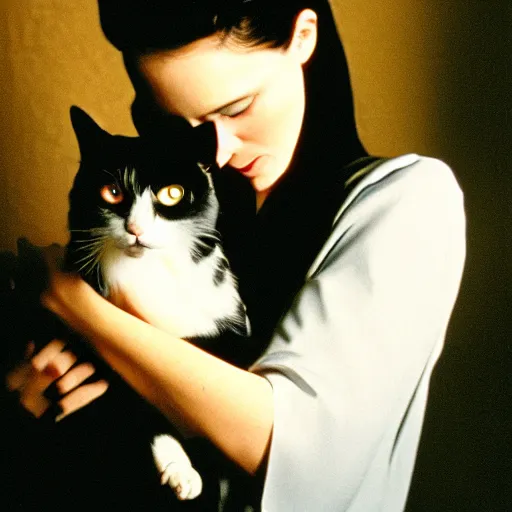 Prompt: a beautiful old portrait film photo of Neo from The Matrix holding a cat, taken on Pentax 35mm, vintage film