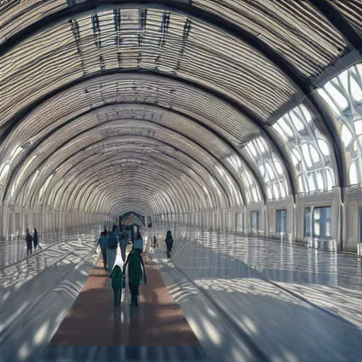 Image similar to elaborate and beautiful train station hall, designed by zaha hadid, bold colored walls, unique architecture, sunbeams unreal engine 5 render, keyshot render, octane render, ultra high detail, ultra realistic, 8k