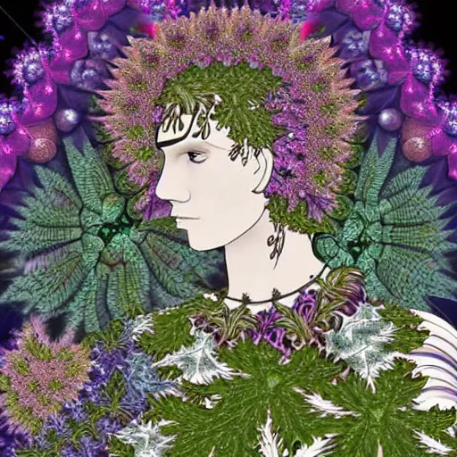 Image similar to an man, stern face, clear eyes, shining armour made of steel and flowers, and fractal flowery hair in a fractal garden, glowing delicate flower and ferns that grow in a dark fatansy forest on the planet pandora,