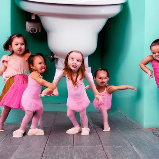 Image similar to group of tiny girls dancing around the rim of a toilet bowl. Perspective photograph