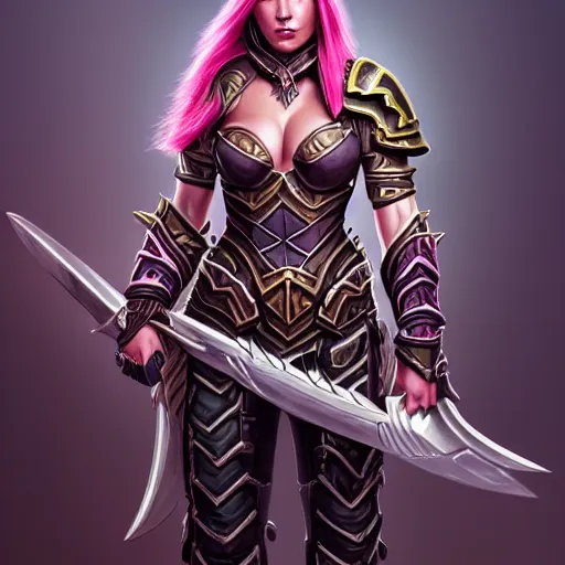 Prompt: a portrait of a very beautiful woman hunter in armor warcraft style armor. dark hair with stripes of pink, bored, illustration, soft lighting, soft details, painting oil on canvas by mark arian by artgerm, trending on artstation, 4k, 8k, HD - H 768