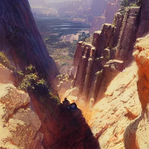 Image similar to looking down onto indiana jones hanging off a cliff by one hand by Greg Rutkowski by James Gurney